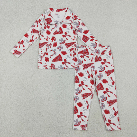RTS NO MOQ（In Stock) GT1198+P0846 Football red flared bow pattern zippered long-sleeved yoga top pants set