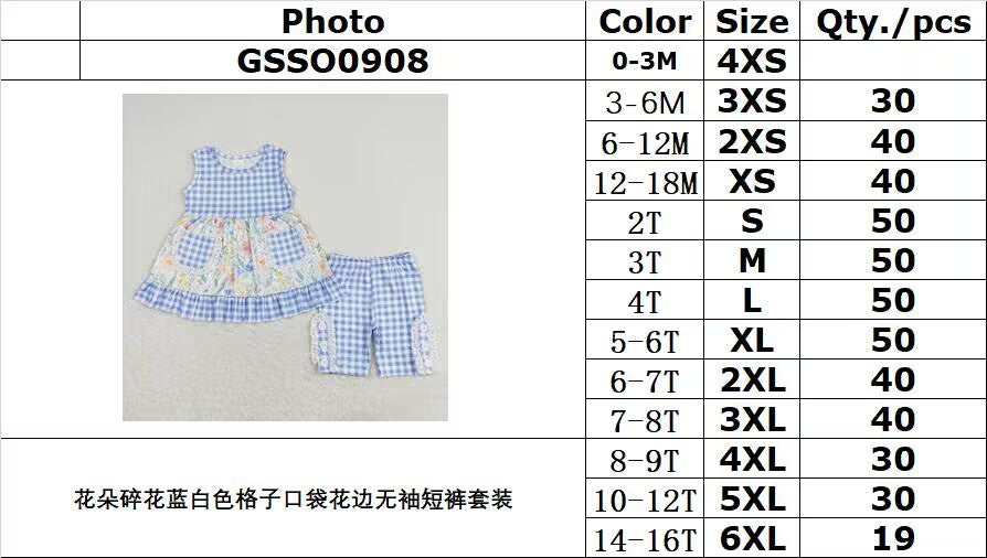 rts no moq GSSO0908 Floral floral blue and white plaid pocket lace sleeveless shorts suit