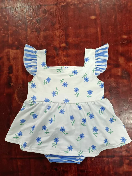 custom moq 5 eta 4-6weeks mix size baby girls clothes floral blue flying sleeve summer Romper