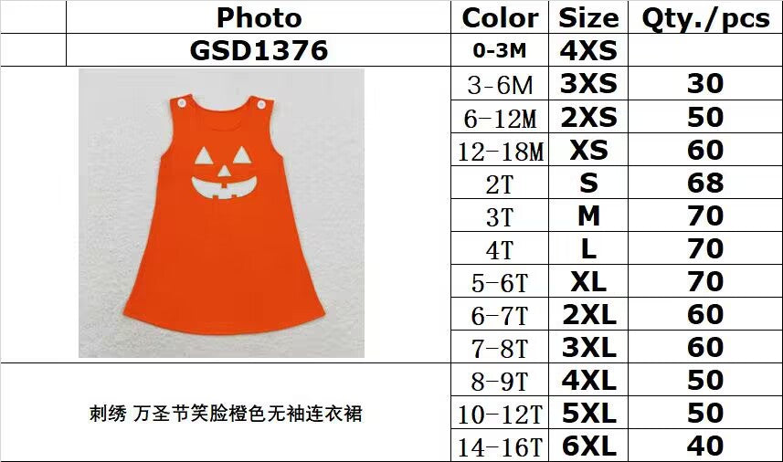 RTS no moq GSD1376 Embroidered Halloween Smiley Face Orange Sleeveless Dress