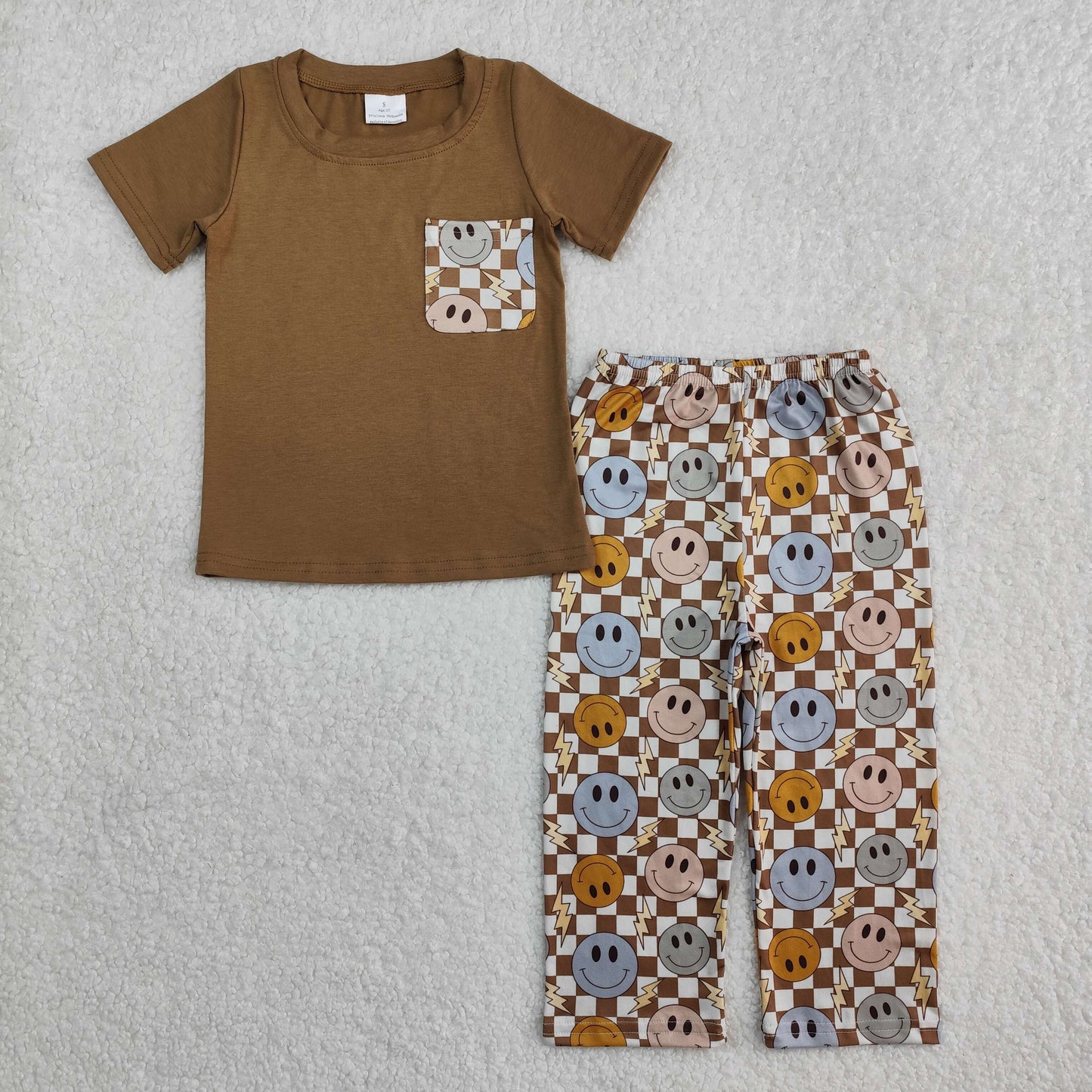 RTS NO MOQ ETA 5/7days Arrived BSPO0425 Smiley face lightning brown plaid pocket short-sleeved trousers set