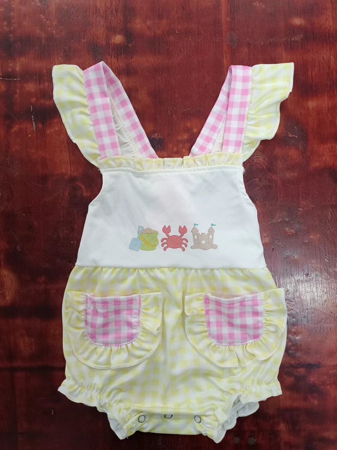 custom moq 5 eta 4-6weeks mix size baby girls clothes crab yellow flying sleeve summer Romper