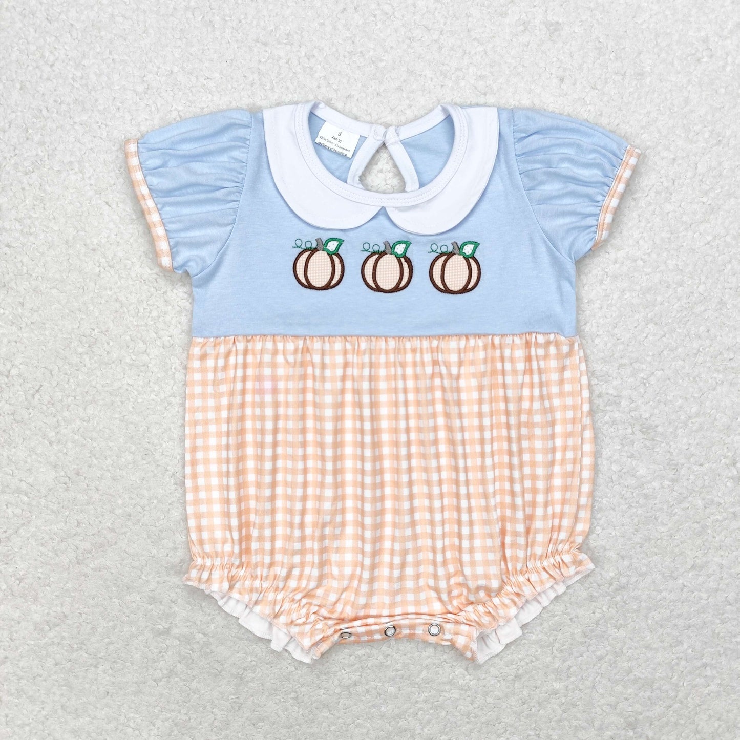 RTS no moq SR1710 Embroidered pumpkin doll collar orange plaid blue short-sleeved jumpsuit