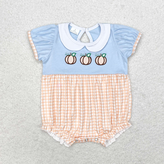 RTS no moq SR1710 Embroidered pumpkin doll collar orange plaid blue short-sleeved jumpsuit
