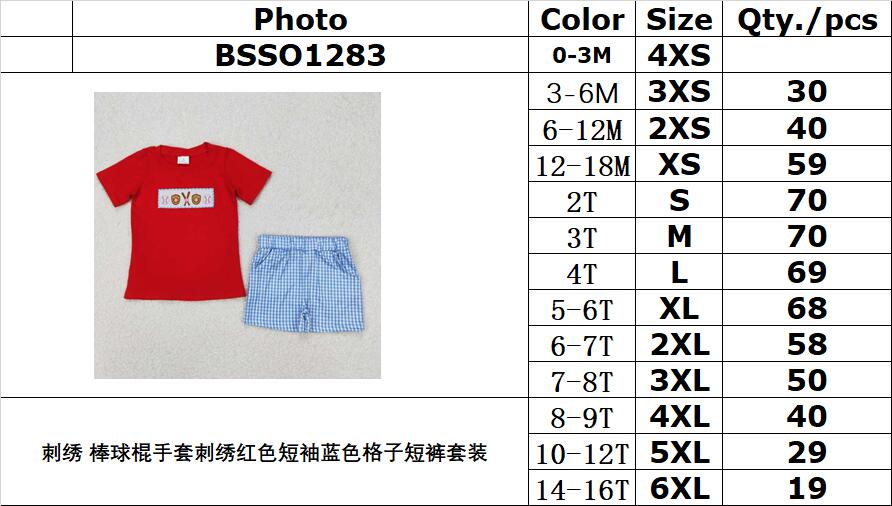 RTS NO MOQ ETA 5/7days Arrived BSSO1283 Embroidered baseball bat gloves embroidered red short sleeve blue plaid shorts set