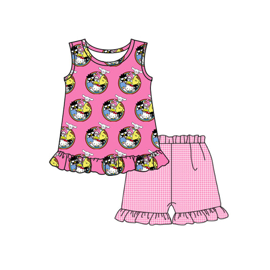 Cartoon pink purple girl short-sleeved shorts suit, customized moq 5 mix size eta 4-5week