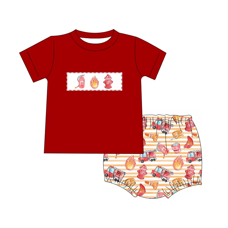 5.14custom each style moq 5eta 4-5week Sibling Sister Fire equipment print red boys outfit match family design