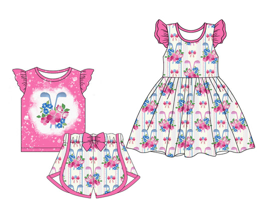 1.20 custom each style moq 5eta 4-6week Sibling Sister floral baby girl short sleeve shorts sets and dresses match design