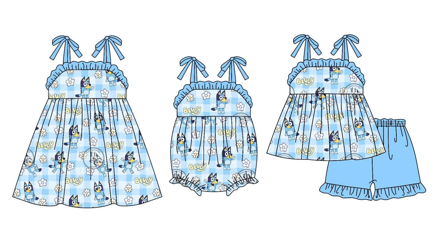 1.16 custom each style moq 5eta 4-6week Sibling Sisters cartoon dog floral baby girl short sleeve shorts sets and dress and rompers match family design