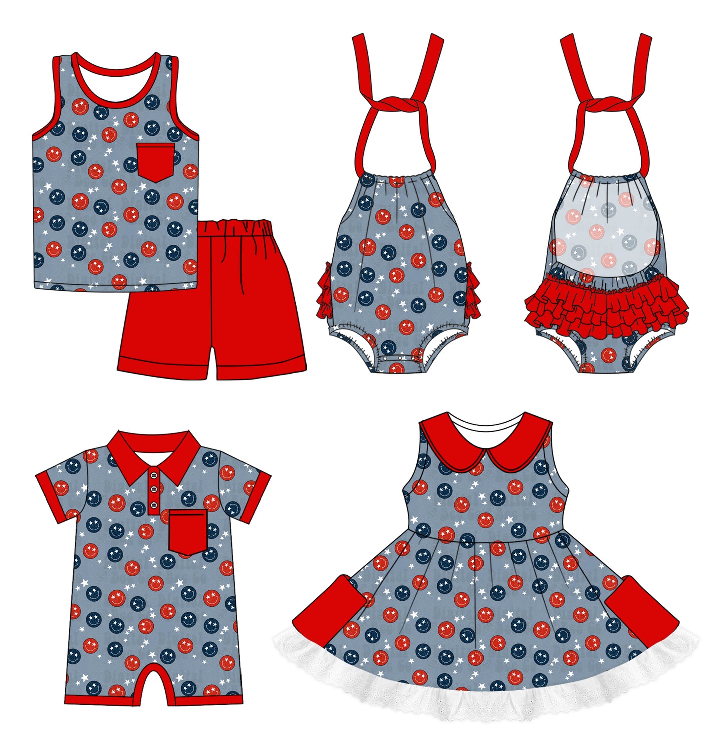 1.4 custom each style moq 5eta 4-6week Sibling Sistes smiley baby girl short sleeve shorts sets and dress and girl rompers and boy romper match family design