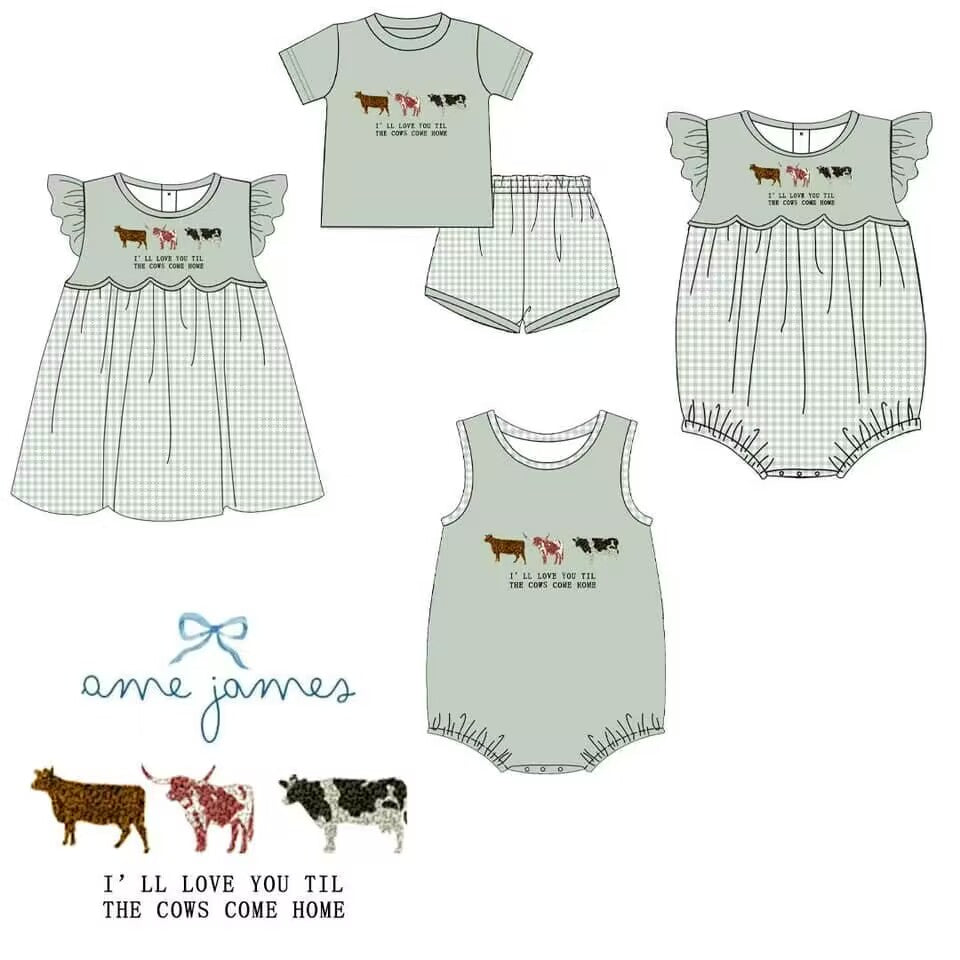 5.10custom each style moq 5eta 4-5week Sibling Sister cow prints green girls and boys outfits and baby romper match family design