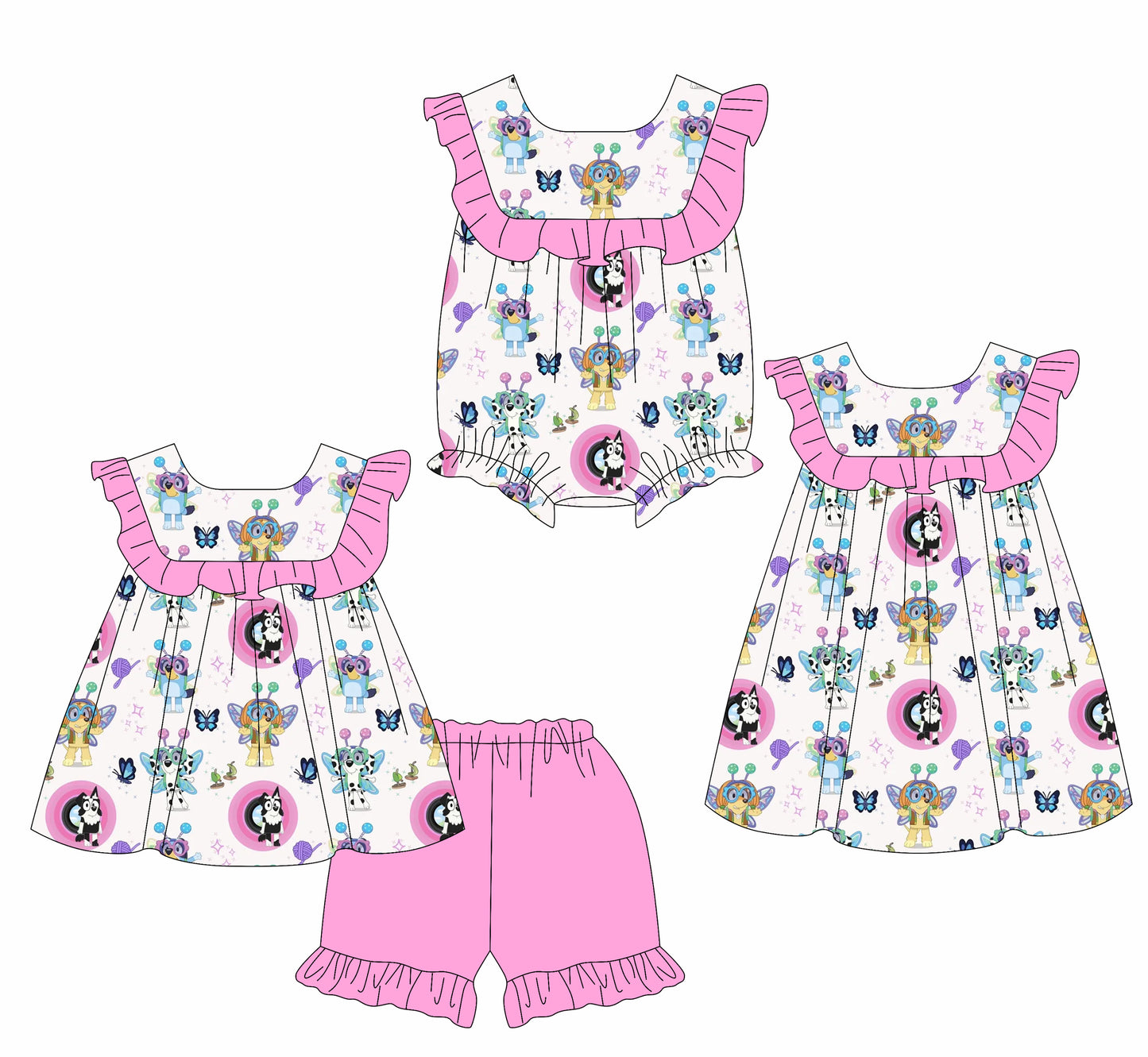 2.8 custom each style moq 5eta 4-6week Sibling Sisters cartoon dog baby girl short sleeve shorts sets and dress and rompers match family design