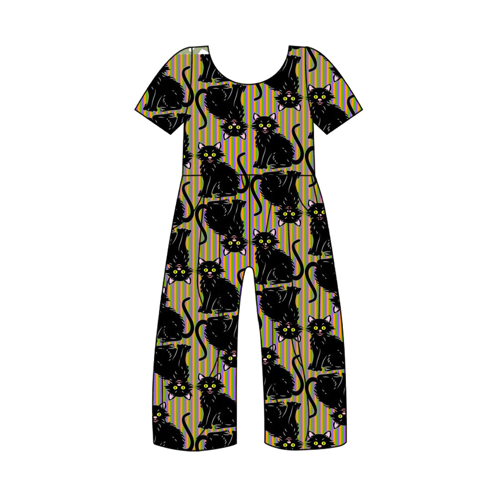 5.2custom each style moq 5eta 4-5week Sibling Sister black cat prints girls jumpsuits and dress and baby romper match family design