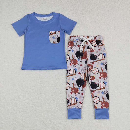 BSPO0164 Baseball Star Pocket Blue Short Sleeve Pants Suit