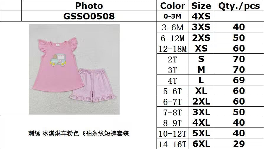 GSSO0508 Embroidered ice cream truck pink flying sleeve striped shorts suit