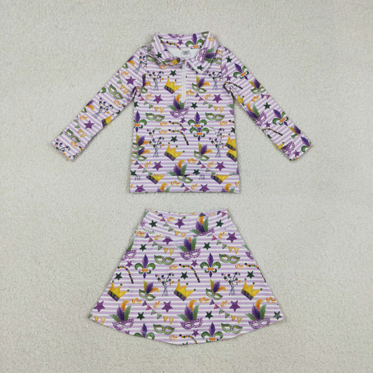 RTS NO MOQ（In Stock) GT1369+GLK0167 Carnival Mask Purple Striped Zipper Yoga Long-Sleeve Top Skirt set