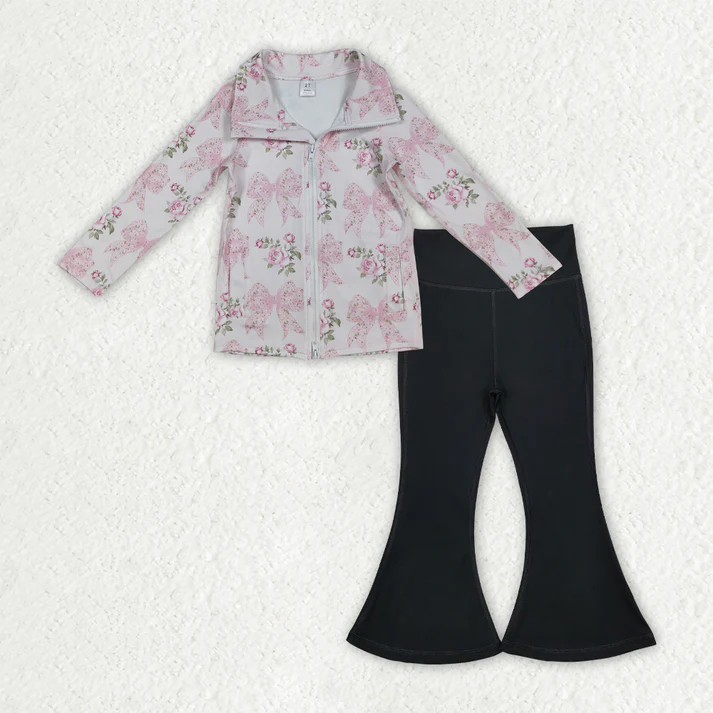 RTS NO MOQ Sibling Baby Girl Yoga Floral bow Long Sleeve Trousers Sets