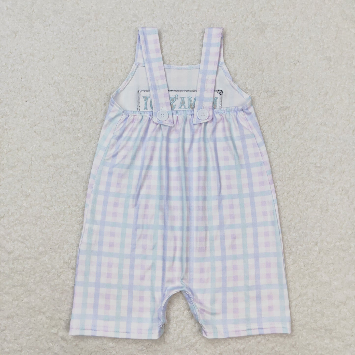 SR1092 mama's boy embroidered lettering colorful plaid sleeveless jumpsuit