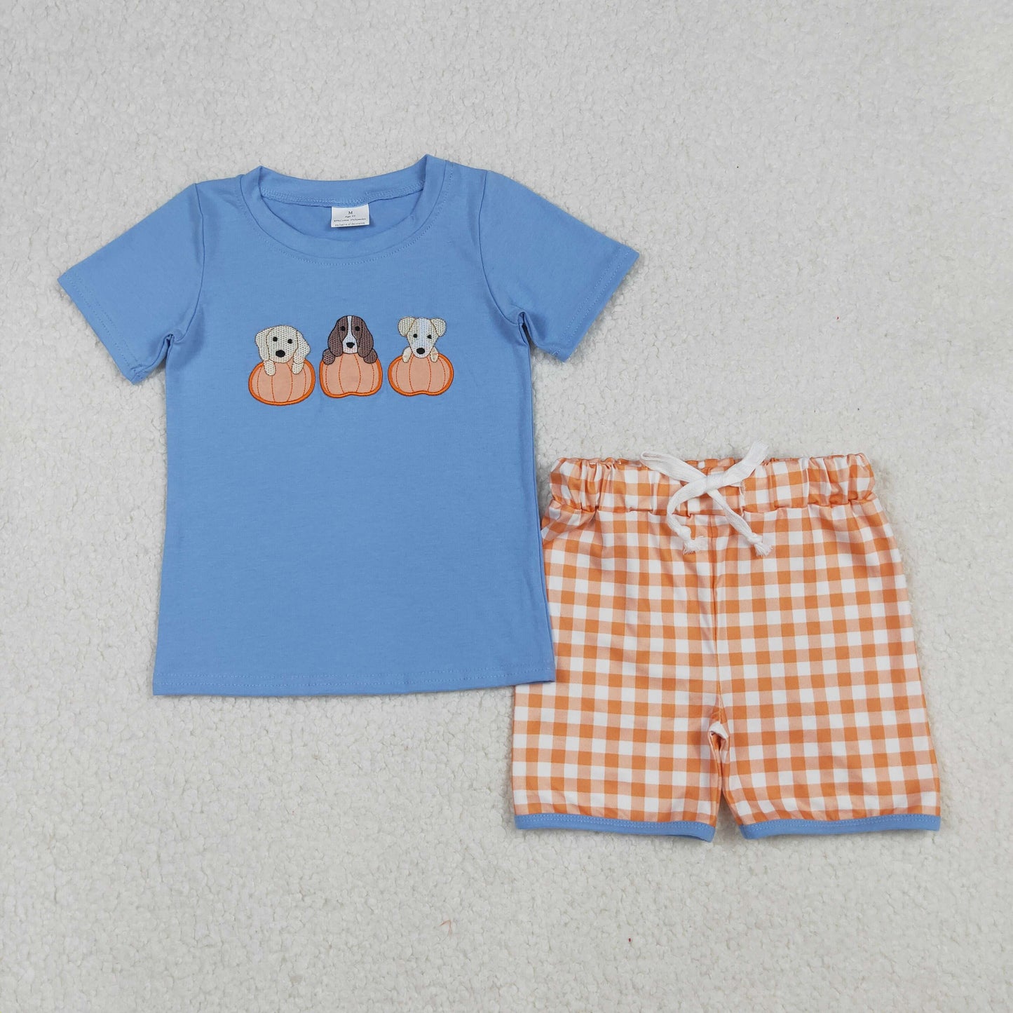 RTS NO MOQ（In Stock) BSSO1547 Embroidered Pumpkin Puppy Blue Short Sleeve Orange Plaid Shorts Set