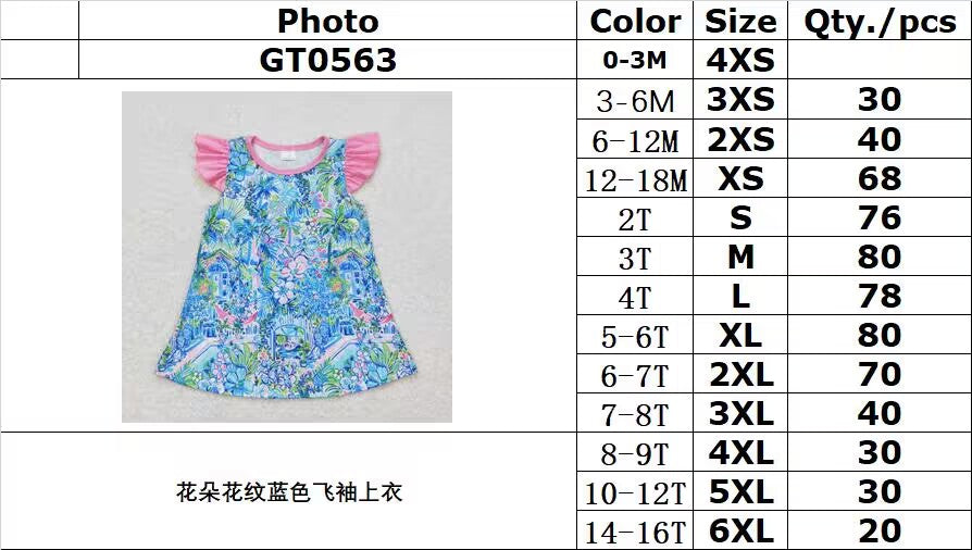 GT0563 Flower pattern blue flying sleeve top