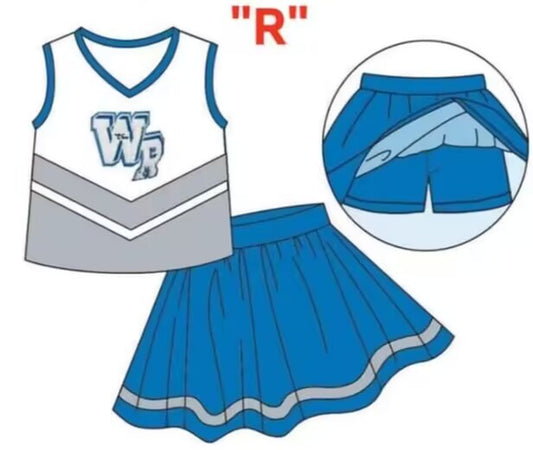 Deadline September 16 custom no moq eta 6-8weeks  Letter WR Lake Blue Sleeveless Cheerleading Skirt Set