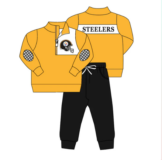 Deadline September 23 custom no moq eta 6-8weeks  Yellow Sports Helmet Pattern Zippered Pullover Top - Black Drawstring Pants Set