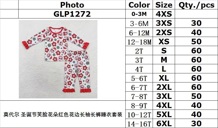 Bamboo rts no moq GLP1272 Modal Christmas smiley face flower red lace long-sleeved trousers pajamas set