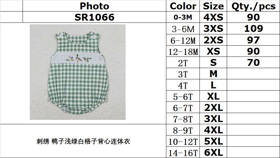 SR1066 Embroidered duck light green and white plaid vest jumpsuit