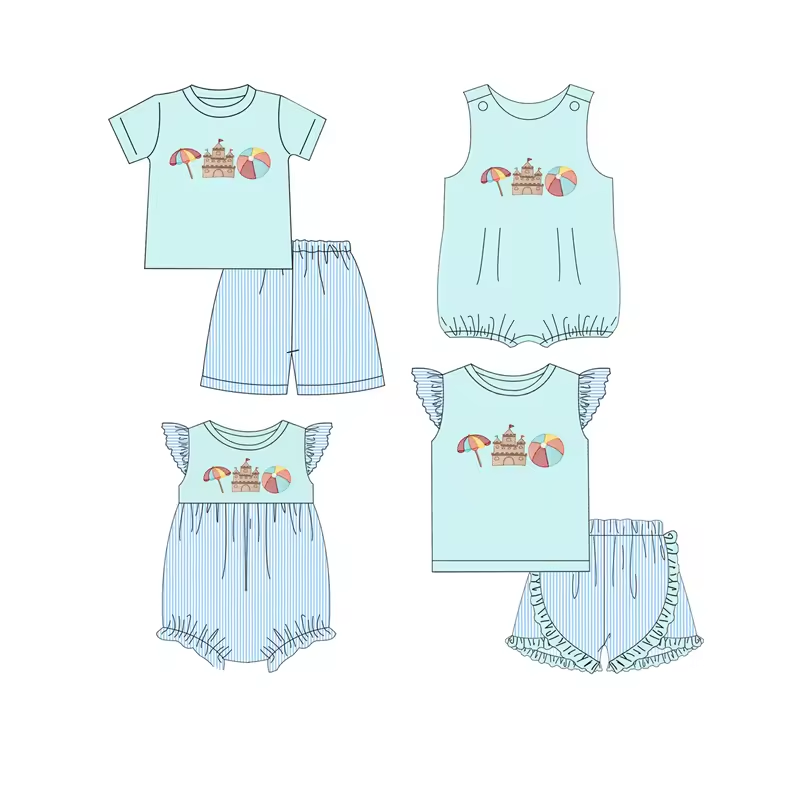 5.10custom each style moq 5eta 4-5week Sibling Sister amusement park prints blue girls and boys outfits and baby romper match family design