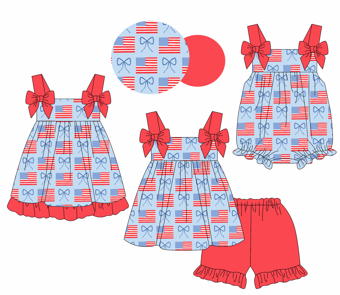 1.23 custom each style moq 5eta 4-6week Sibling Sisters bow flag baby girl short sleeve shorts sets and dress and rompers match family design