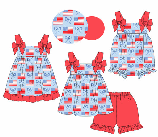 1.23 custom each style moq 5eta 4-6week Sibling Sisters bow flag baby girl short sleeve shorts sets and dress and rompers match family design