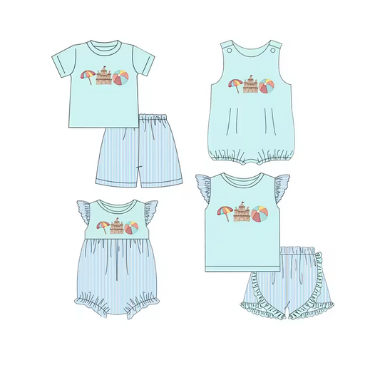 5.10custom each style moq 5eta 4-5week Sibling Sister amusement park prints blue girls and boys outfits and baby romper match family design