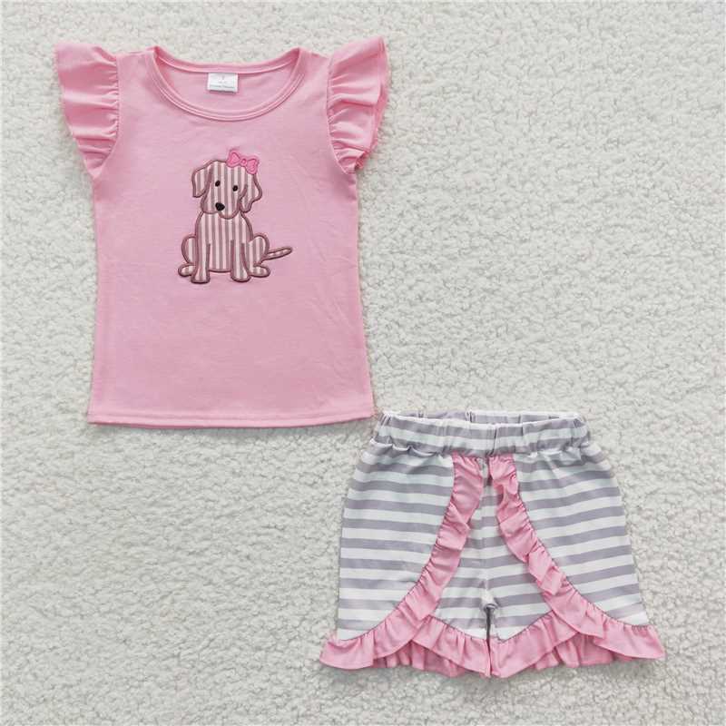 Baby Kids puppy Summer Embroidery Sibling Rompers Clothes Set