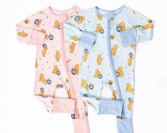 5.16custom each style moq 5eta 4-5week Little bear eating honey print pink and blue baby rompers