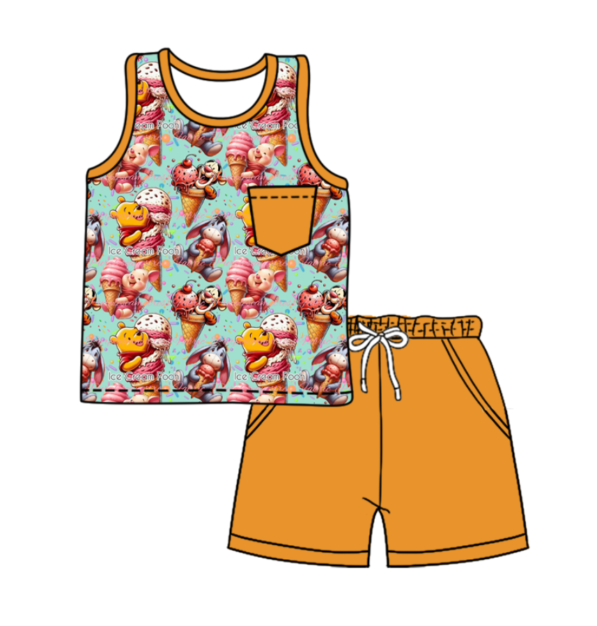 Custom moq 5 mix size milk silk baby girl boy clothes cartoon short sleeve shorts sets 2 and dresses and top