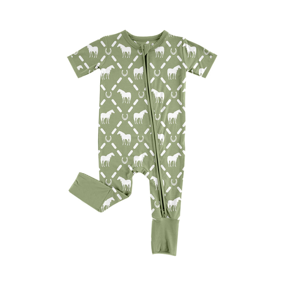 5.2custom each style moq 5eta 4-5week Sibling Sister horse prints green girls jumpsuits and dress and baby romper match family design