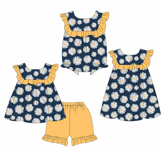 2.8 custom each style moq 5eta 4-6week Sibling Sisters floral baby girl short sleeve shorts sets and dress and rompers match family design