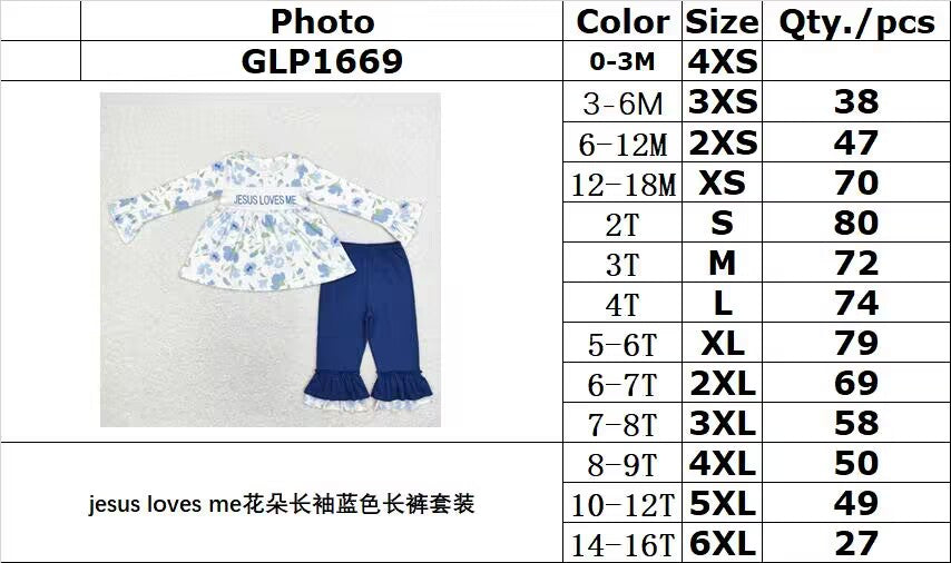 rts no moq GLP1669 jesus loves me flower long-sleeved blue trousers set