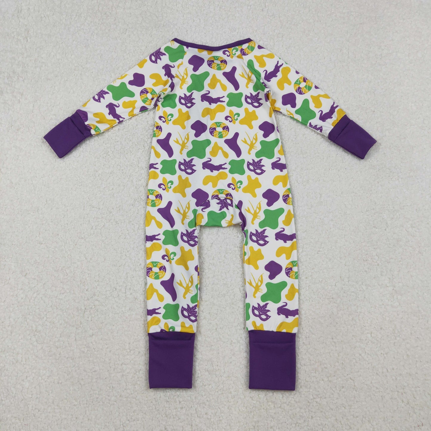 RTS NO MOQ（In Stock) LR2637 Carnival Mask Camouflage Purple and White Zippered Long-Sleeved Bodysuit
