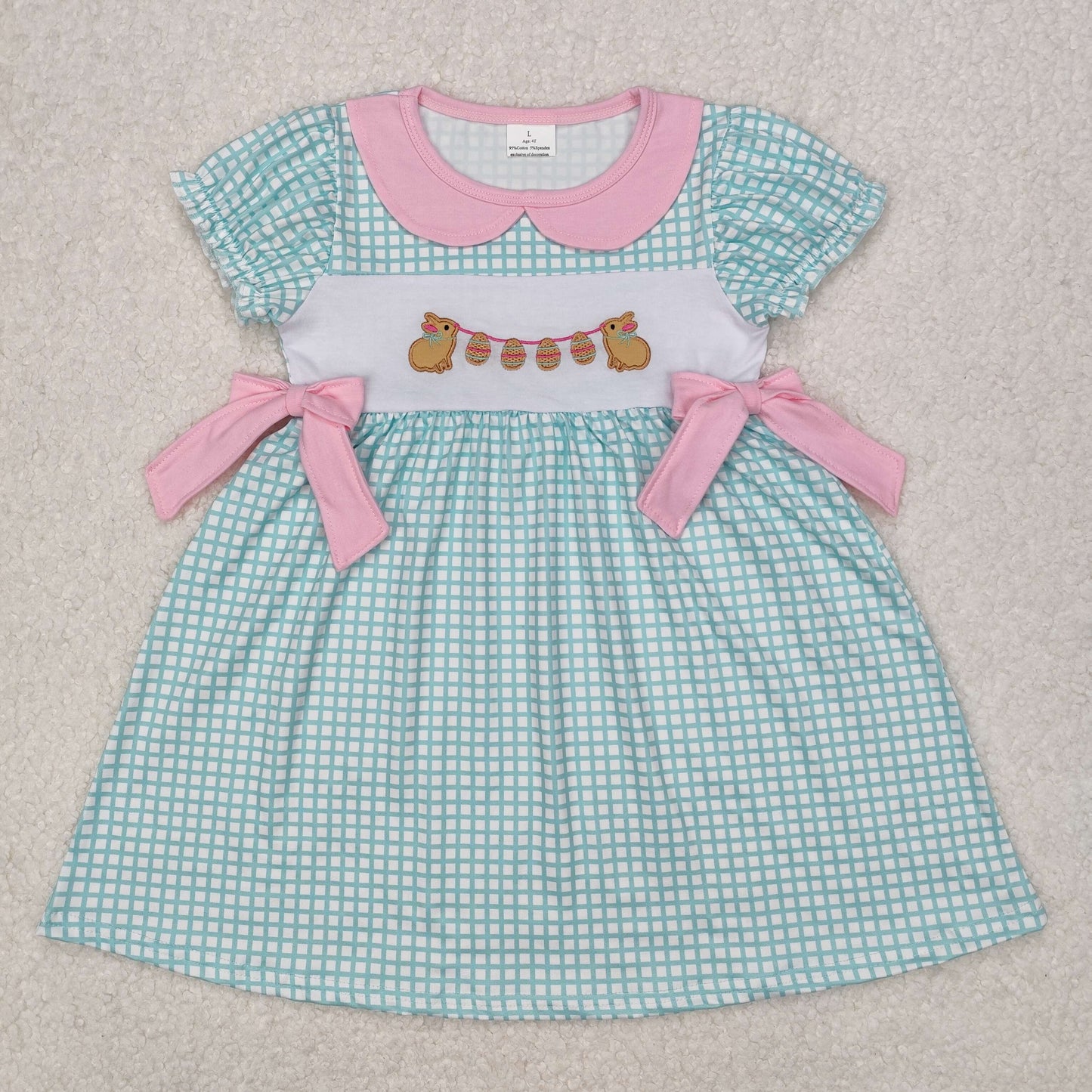 RTS NO MOQ ETA 5/7days Arrived GSD1773 Embroidered Easter bunny egg pink bow doll collar plaid short sleeve dress