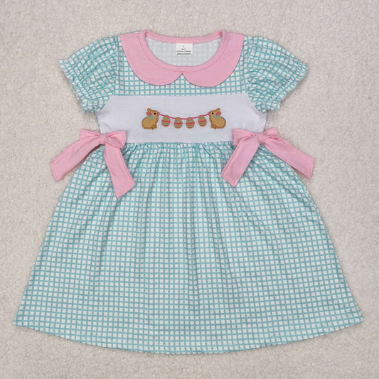 RTS NO MOQ ETA 5/7days Arrived GSD1773 Embroidered Easter bunny egg pink bow doll collar plaid short sleeve dress