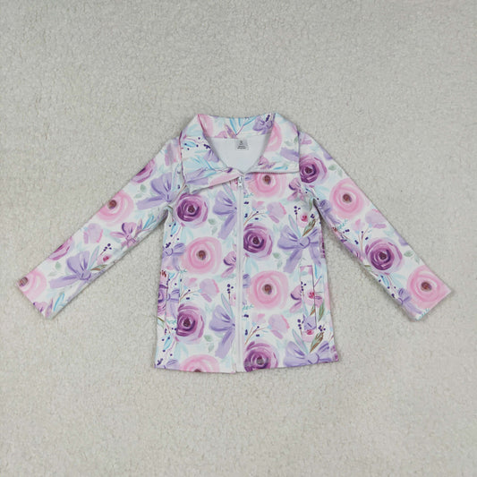 RTS NO MOQ（In Stock) GT1083 White Yoga Zippered Long-Sleeved Top with Pink and Purple Floral Bow Pattern