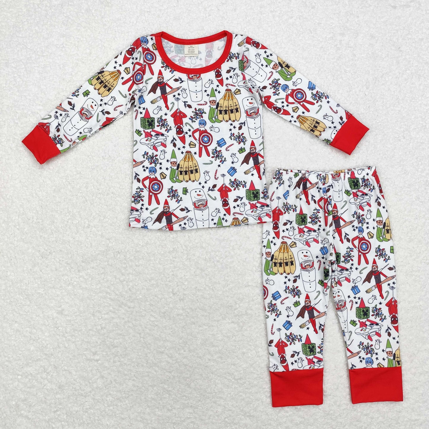 bamboo rts no moq BLP0722 Modal Christmas Snowman Elf Red and White Long Sleeve Pants Pajama Set