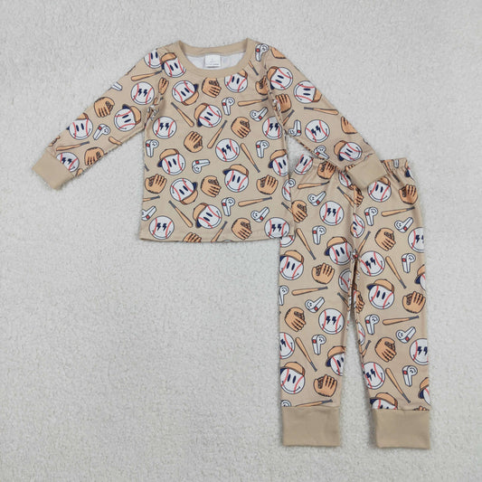 RTS NO MOQ（In Stock ) BLP1346 Baseball smiley face khaki long-sleeved pants pajama set
