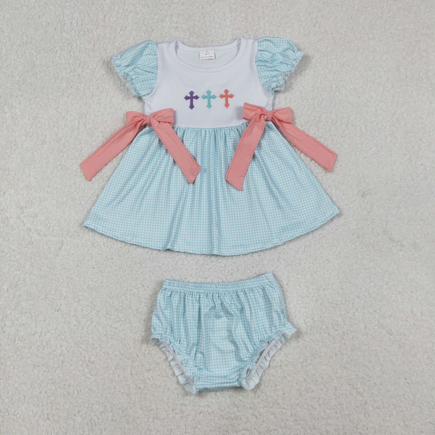RTS NO MOQ（In Stock) GBO0480 Embroidered Easter Cross Pink Bow Blue Plaid Long-Sleeved Briefs Set
