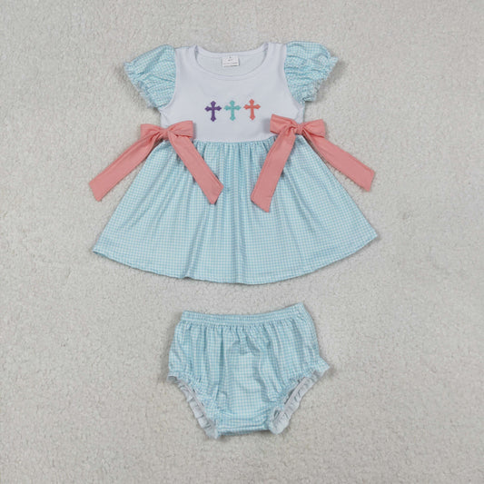 RTS NO MOQ（In Stock) GBO0480 Embroidered Easter Cross Pink Bow Blue Plaid Long-Sleeved Briefs Set