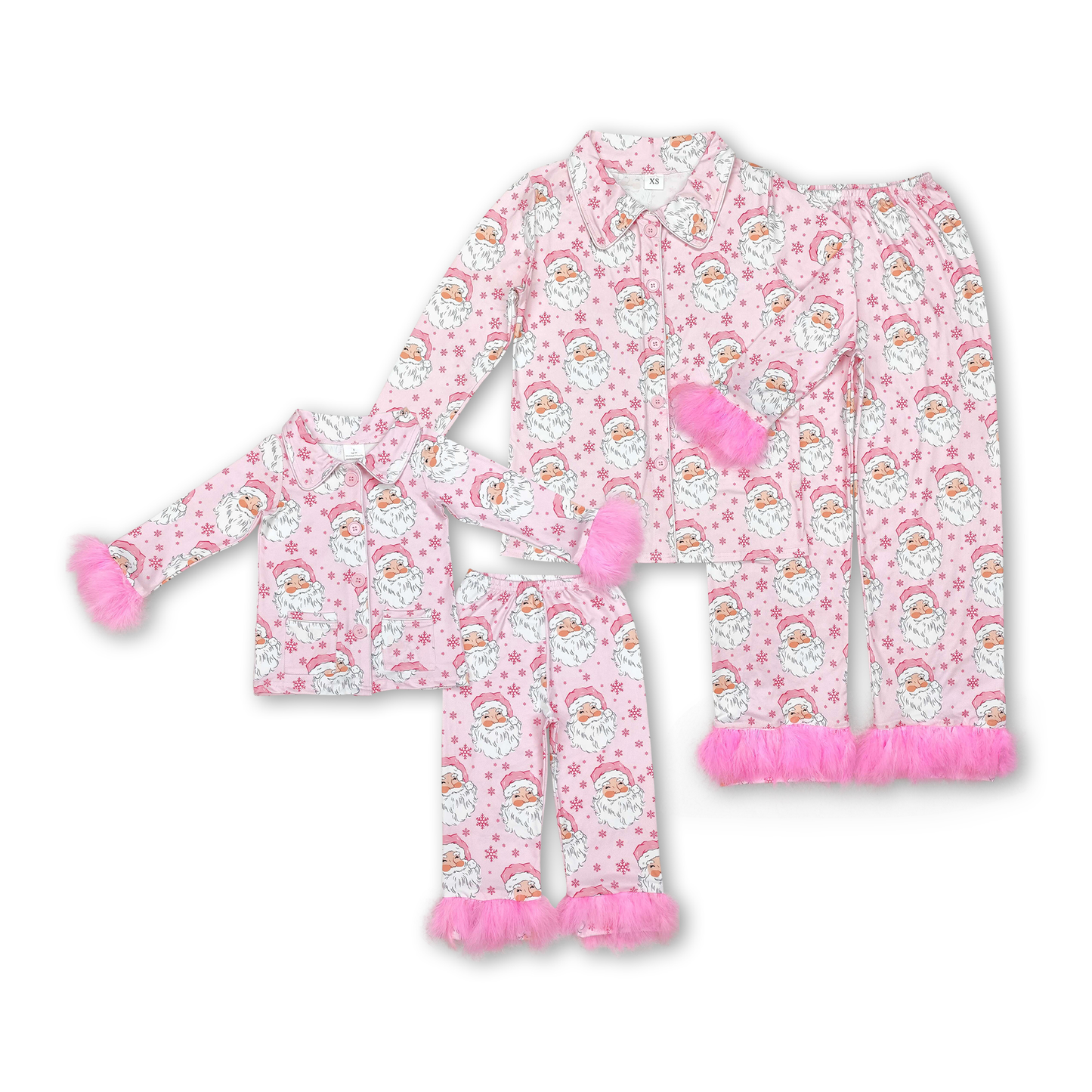 RTS NO MOQ GLP1901 GLP1900 Pink Cartoon Santa Claus Plush Cuffs-Buttons Long Sleeves and Long Pants Pajama Set: Adults & Children