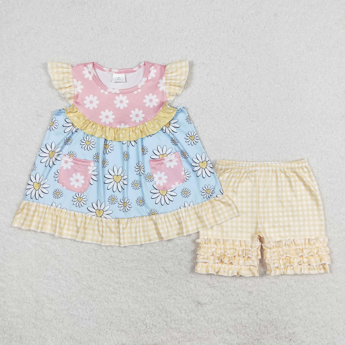 rts no moq GSSO1036 Flower pink blue flying sleeves yellow plaid shorts suit