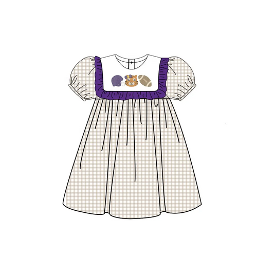 Custom moq 3 eta 7/8week moq 5 eta /4/5week Helmet-Cat-Oval Pattern Purple Pleated Square Neck Light Brown Plaid Puff Sleeve Dress