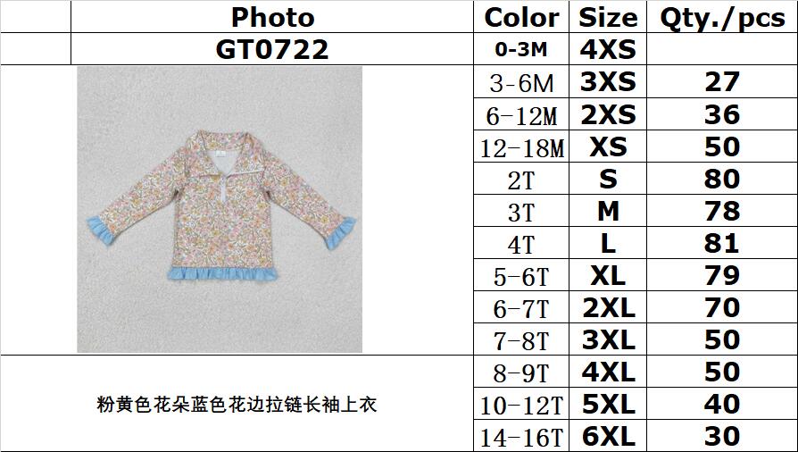 RTS NO MOQ ETA 5/7days Arrived GT0722 Pink and yellow flower blue lace zipper long-sleeved top